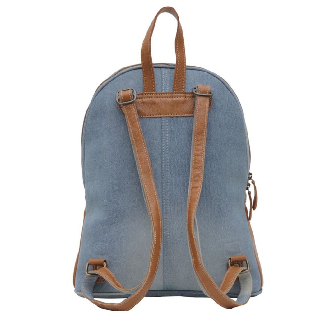 Myra Bag Janesa Upcycled Denim Leather Patchwork Backpack Blue Brown Boho SNWT - Picture 4 of 5